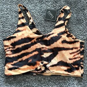 Zaful Tiger-Print Knot Front Bikini Top - Black & Tan. Size Medium. BNWT